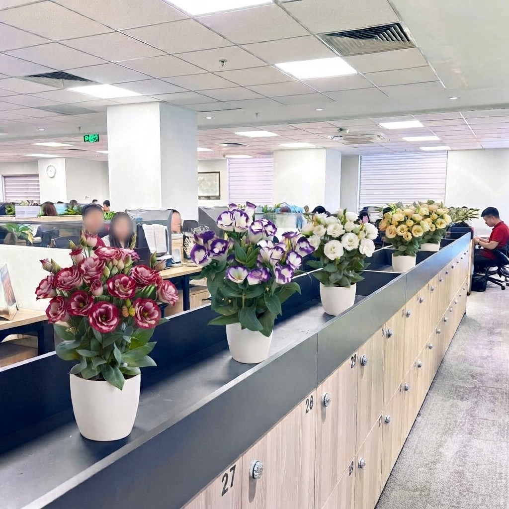 Trang trí cây xanh văn phòng tại tủ kệ bàn làm việc
